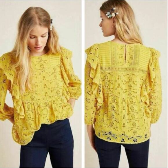 Anthropologie Yellow Eyelet Embroidered Blouse - Picture 1 of 5